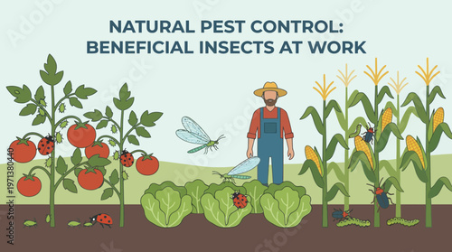 Natural Pest Control: Beneficial Insects at Work: Witness the symbiotic dance of nature, where diligent insects work alongside a farmer to nurture thriving crops.