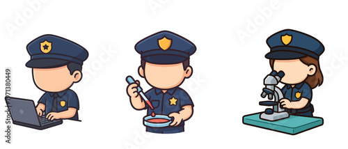 Police officers working with laptop petri dish and microscope