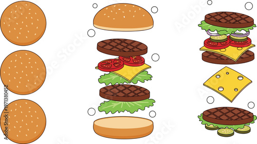 Burger ingredients set with bun, cheese, lettuce and tomato, hamburger assembly process flat vector illustration collection