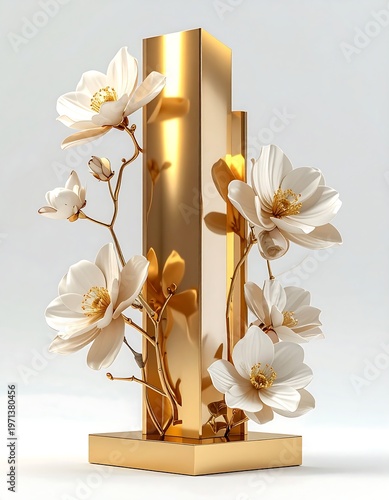 Minimalist golden sculpture with white flowers elegant decorative art high resolution photo