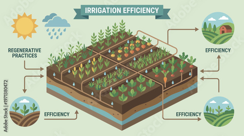 Efficiency in Irrigation: An illustration depicting efficient irrigation practices, showcasing the implementation of regenerative practices for optimal yield and water conservation in agriculture.