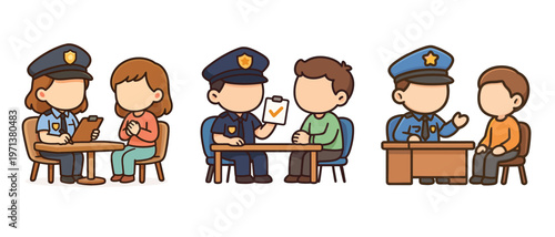 Police Officers Interviewing People at Desk Cartoon