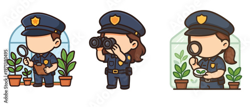 Police officer inspecting plants with magnifying glass and binoculars flat vector
