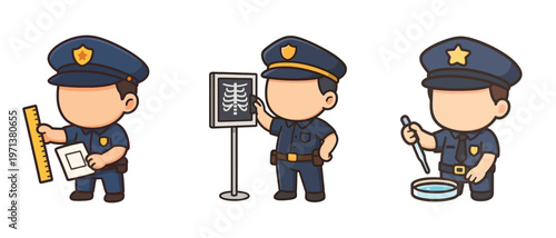 Cartoon police officers with evidence tools and x-ray