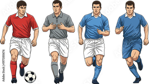 Soccer players running set with different uniforms, football athletes in action poses, sports vector illustration collection