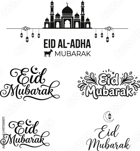 Eid Mubarak Islamic holiday greeting card designs and typography  various styles