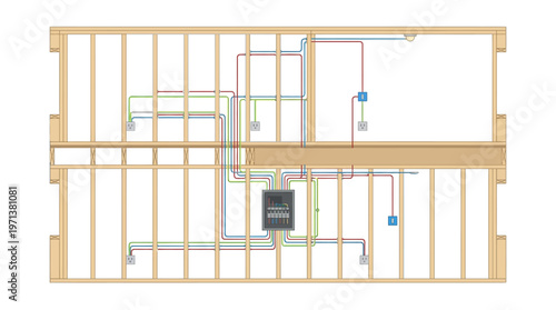 Residential House Electrical Wiring Diagram and Circuit Breaker Panel Layout in Wood Frame Wall Construction