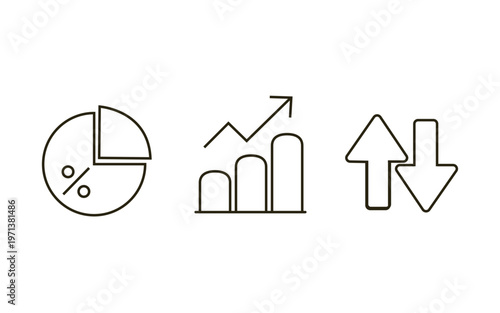 Financial data analytics icons market trends. Pie chart, bar graph with upward moving arrow, and vertical up and down arrows. Flat illustrator vector file. High quality image