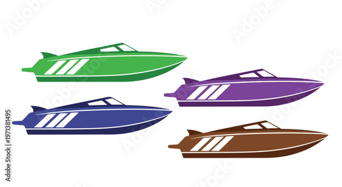 Four colorful speedboats lined up in a row, showcasing vibrant hues of green, purple, blue, and brown for aquatic