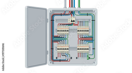 Open Electrical Fuse Box Illustration with Organized Circuit Breakers and Wiring
