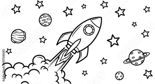 Rocket ship blasting off through space with stars a black silhouette