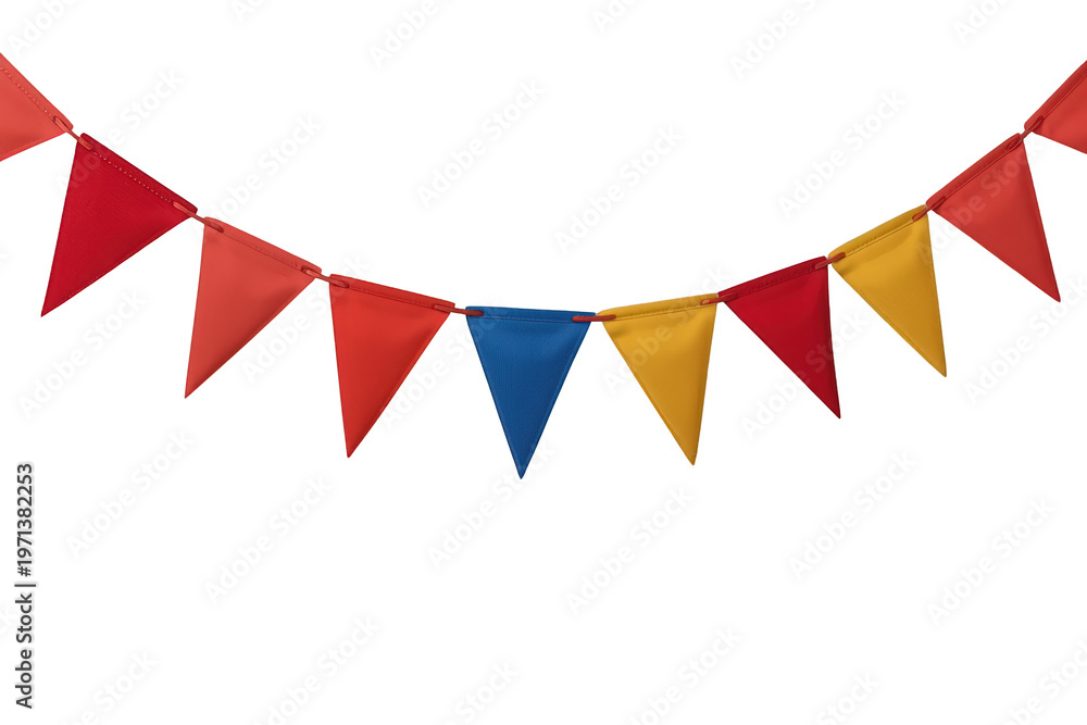 Fototapeta premium Bunting flags string creating festive party garland, colorful hanging decoration for celebration on transparent background