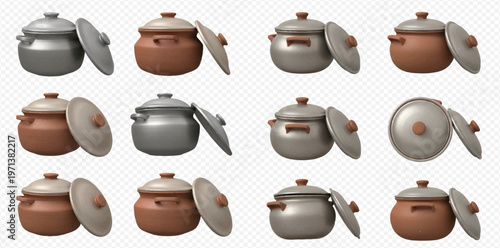 Set of 3D rendered cooking pots with lids, isolated on a transparent background, perfect for kitchen and culinary designs.