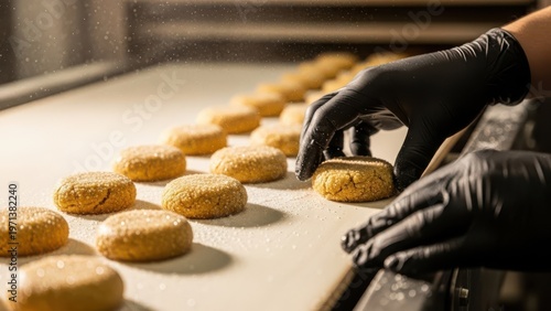Baker handling cookies on conveyor belt