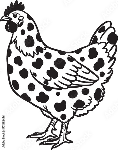 illustration of a black and white spotted chicken standing