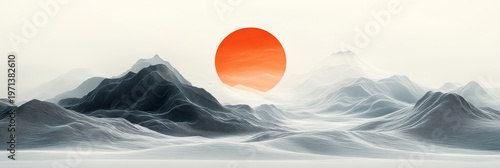 Mountains under the red sun