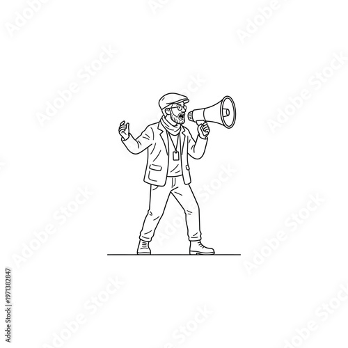 Man holding a megaphone speaking loudly.