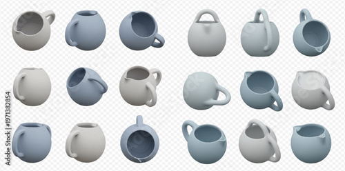 Collection of various ceramic creamer pitchers and milk jugs in different angles and colors.