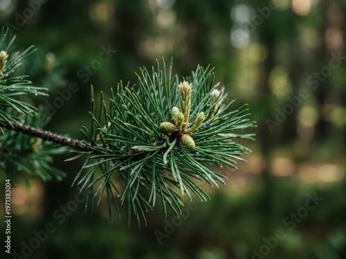 Close-up of a pine tree branch with young cones and needles in a natural forest setting