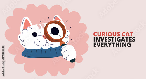 Cartoon vector illustration of cat looking through magnifying glass, symbolizing curiosity, observation, and discovery
