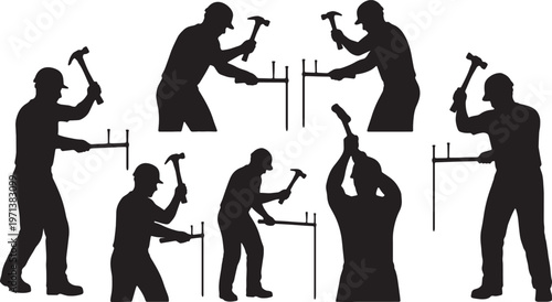 Black Solid Carpentry Claw Hammer Role Silhouettes Set of Six on White Background