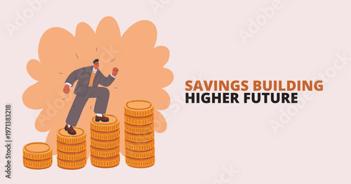 Cartoon vector illustration of man climbing stacks of coins, symbolizing progress, wealth, and ambition