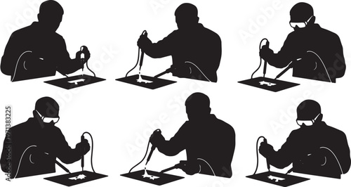 Black Solid Circuit Assembler Soldering Iron Role Silhouettes Set of Six on White Background