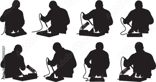 Black Solid Circuit Assembler Soldering Iron Role Silhouettes Set of Six on White Background