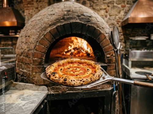 Authentic Neapolitan pizza fresh from a wood-fired brick oven being served on a pizza peel with a fiery glow