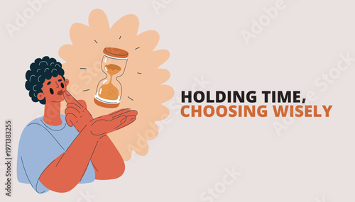 Cartoon vector illustration of woman holding an hourglass, looking at it, symbolizing time, patience, and reflection
