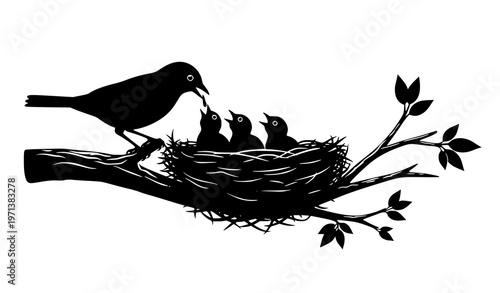 Bird feeding chicks in nest silhouette detailed black vector illustration of wildlife family scene