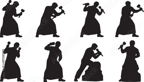 Black Solid Classical Stone Sculptor Metal Chisel Role Silhouettes Set of Six on White Background