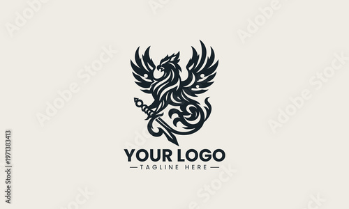 Black griffin with wings and sword is presented as strong mythological monochrome vector logo on clean white background for fantasy and gaming branding use