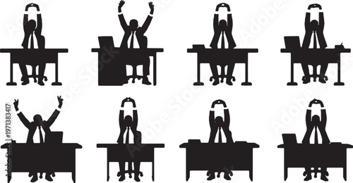 Black Solid Corporate Workers Stretching Arms Silhouettes Set of Six on White Background