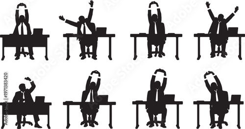 Black Solid Corporate Workers Stretching Arms Silhouettes Set of Six on White Background