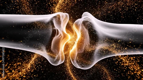 A glowing, illuminated human knee joint with a radiant, golden light emanating from it, set against a warm, dark background