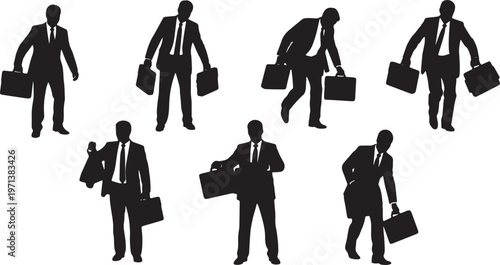 Black Solid Corporate Workers Packing Briefcase Silhouettes Set of Six on White Background