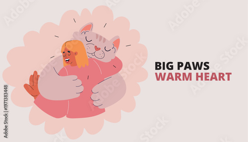 Cartoon vector illustration of woman hugging a giant cat, symbolizing affection, comfort, and playful companionship