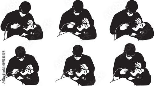 Black Solid Cosmetic Dentist Pneumatic Drill Role Silhouettes Set of Six on White Background