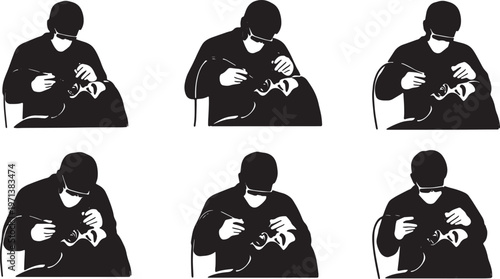 Black Solid Cosmetic Dentist Pneumatic Drill Role Silhouettes Set of Six on White Background