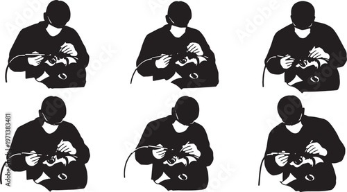 Black Solid Cosmetic Dentist Pneumatic Drill Role Silhouettes Set of Six on White Background