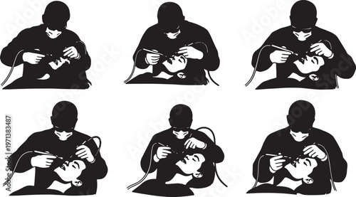 Black Solid Cosmetic Dentist Pneumatic Drill Role Silhouettes Set of Six on White Background