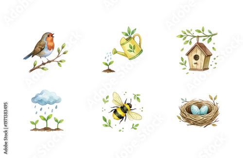 Watercolor spring icon set with bird, gardening tools, bee, and nest on white background
