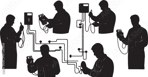Black Solid Electronics Technician Digital Multimeter Role Silhouettes Set of Six on White Background