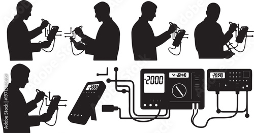 Black Solid Electronics Technician Digital Multimeter Role Silhouettes Set of Six on White Background