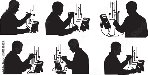 Black Solid Electronics Technician Digital Multimeter Role Silhouettes Set of Six on White Background