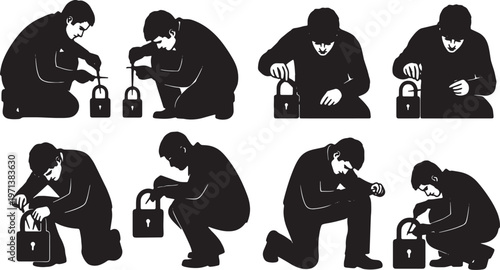 Black Solid Emergency Locksmith Lock Pick Role Silhouettes Set of Six on White Background