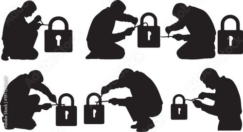 Black Solid Emergency Locksmith Lock Pick Role Silhouettes Set of Six on White Background