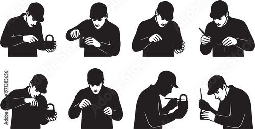Black Solid Emergency Locksmith Lock Pick Role Silhouettes Set of Six on White Background