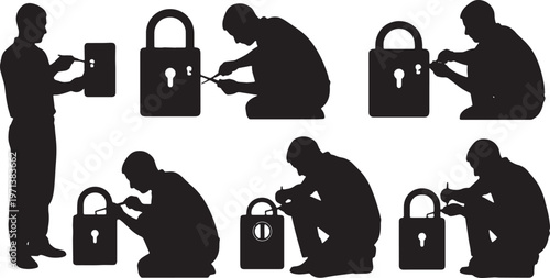 Black Solid Emergency Locksmith Lock Pick Role Silhouettes Set of Six on White Background